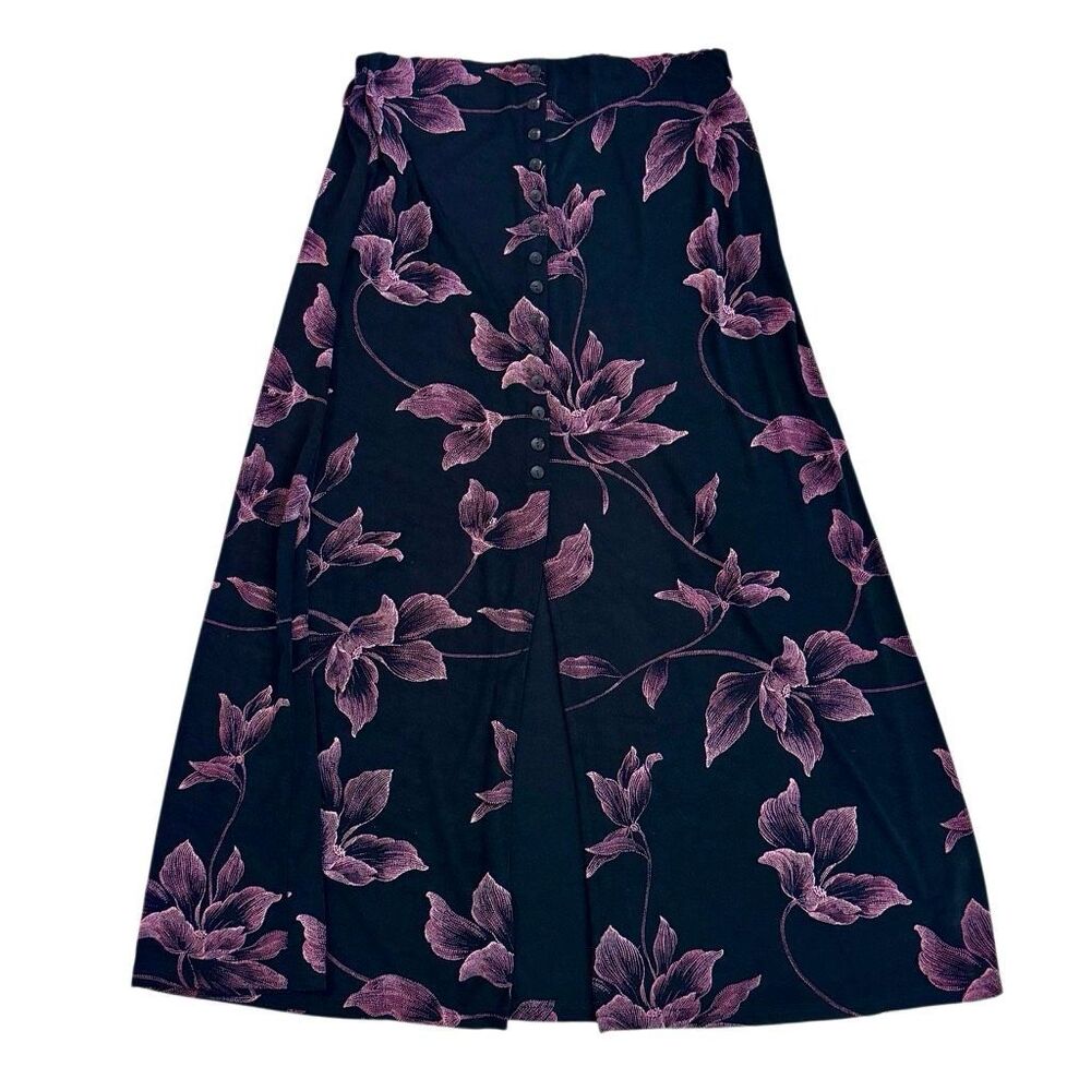 Vintage 90s Y2K JM Collection Black & Pink Floral Button Front Midi Skirt L